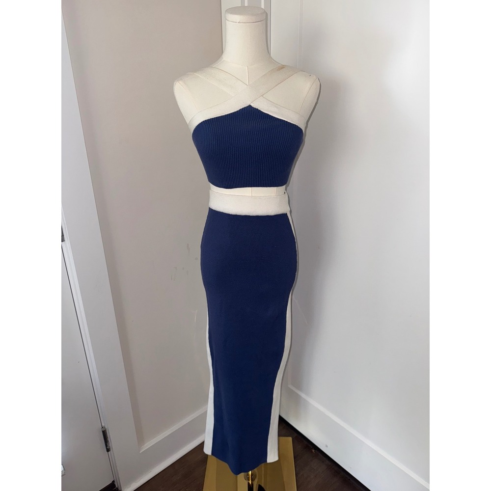 JLuxsLabel Two Piece Ribbed Knit Maxi‎ Dress Blue White Crisscross XS